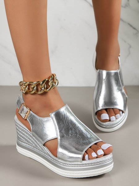 

Casual Plain Blocking Hook-Loop Block Heel Slide Sandals, Silver, Sandals