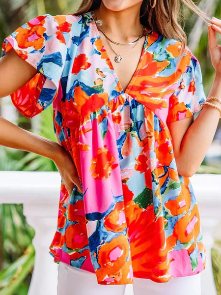 

V Neck Short Sleeve Floral Regular Loose Shirt For Women, Flower, Blouses