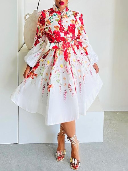 

Urban Floral Stand Collar Regular Fit Shirt Dress With Belt, White, Midi Dresses