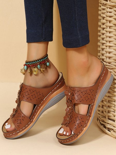 

Casual Plain Slip On Flat Heel Slide Sandals, Yellow brown, Women shoes