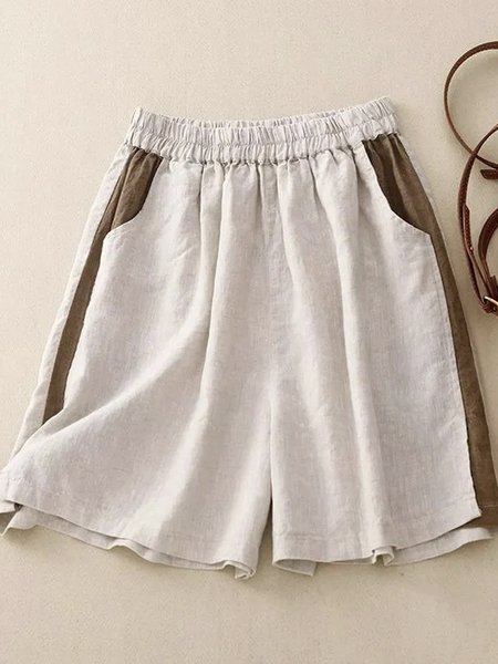 

Casual Loose Color Block Cotton And Linen Shorts, Beige, Shorts