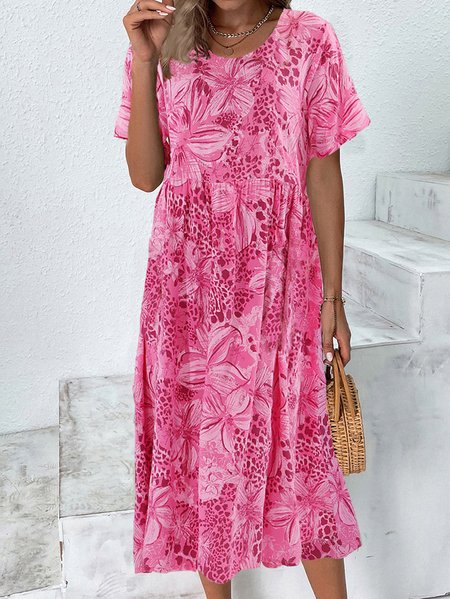 

Floral Casual Cotton And Linen Loose Dress, Pink, Dresses