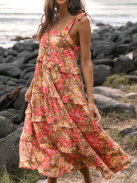 

Women Floral Spaghetti Gallus Comfy Vacation Maxi Dress, Multicolor, Maxi