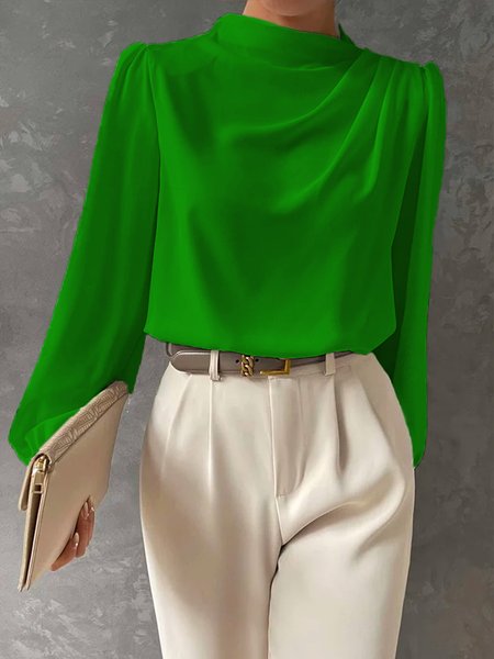 

Urban Plain Long Sleeve Stand Collar Blouse, Green, Blouses and Shirts