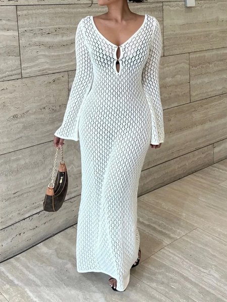

Plain V Neck Vacation Long Sleeve Maxi Dress, White, Maxi Dresses