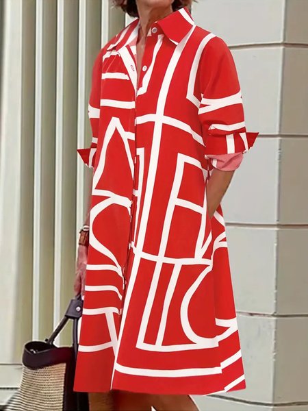 Urban Loose Daily Geometric Shirt Dress, Red, Midi Dresses