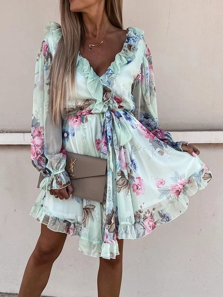 

Women Floral V Neck Long Sleeve Comfy Casual Short Dress, Green, Short