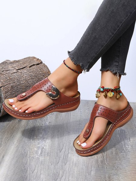 

Casual Plain Slip On Flat Heel Slide Sandals, Brown, Women shoes
