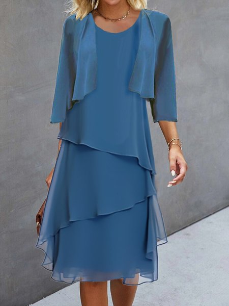 

Elegant Chiffon Crew Neck Two-Piece Set, Blue, Suit Set