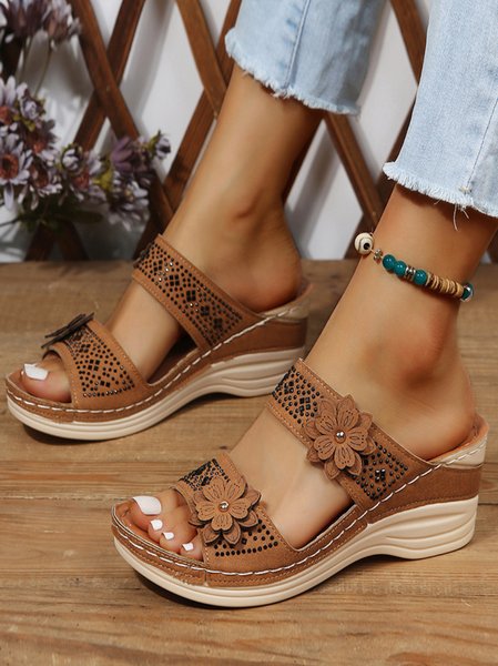 

Casual Floral Slip On Flat Heel Slide Sandals, Light brown, Women shoes