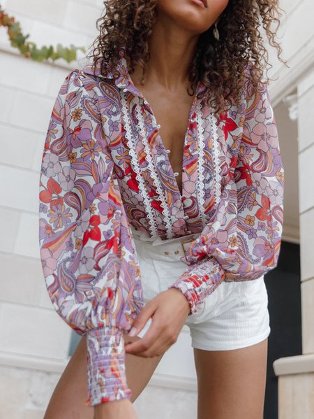 

Shirt Collar Long Sleeve Floral Regular Loose Blouse For Women, Purple, Shirts