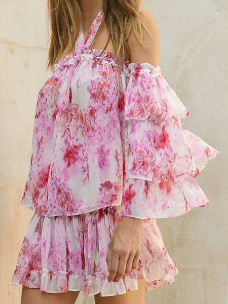 

Halter Half Sleeve Floral Regular Loose Shirt For Women, Pink, Blouses