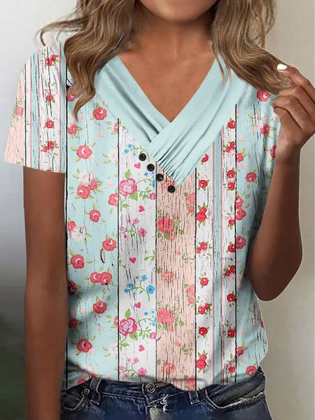 

Floral Casual Buttoned T-Shirt, Green, T-Shirts