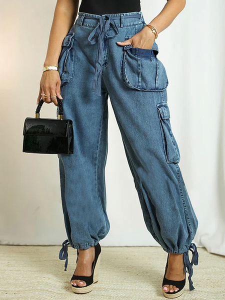 

Micro-Elasticity Plain Urban Loose Denim Long Jeans, Denim blue, Jeans