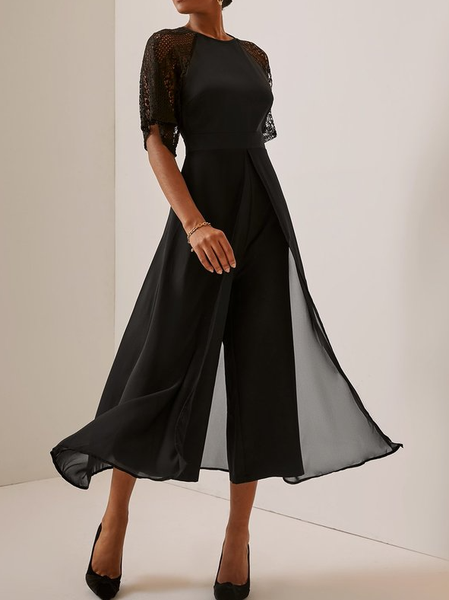 

Elegant Crew Neck Lace Loose Jumpsuit, Black, Jumpsuits&Rompers