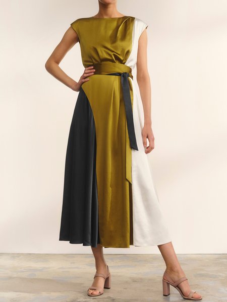 Women's Sleeveless Summer Color Block Bow Dress Crew Neck Commuting Going Out Urban Midi H-Line Green, Dresses