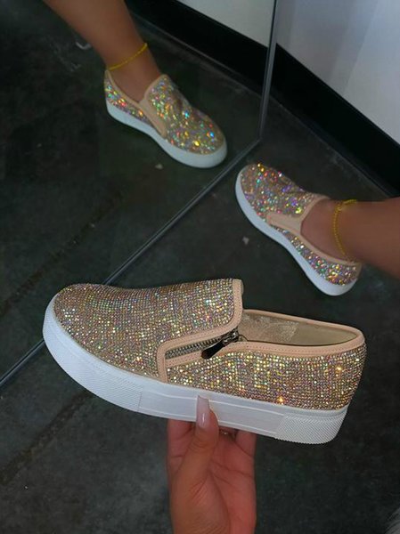 

Casual Plain Zipper Flat Heel Slip On Rhinestone, Beige, Women shoes