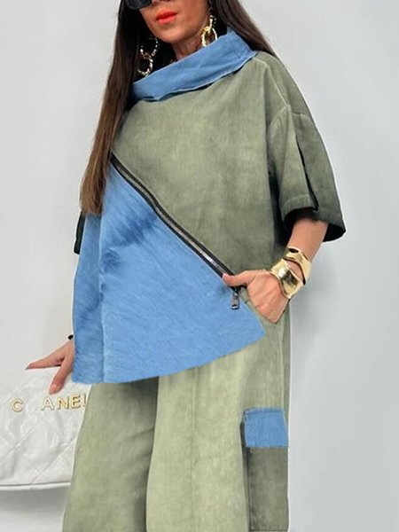 

Color Block Stand Collar Loose Casual Shirt, As picture, Blouses and Shirts