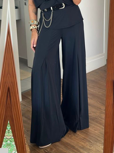 

High Elasticity Casual Plain Long Pants Wide leg pants, Black, Pants