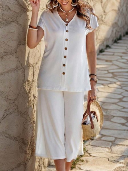 

Casual Buckle Plain Loose Two-Piece Set, White, Suit Set