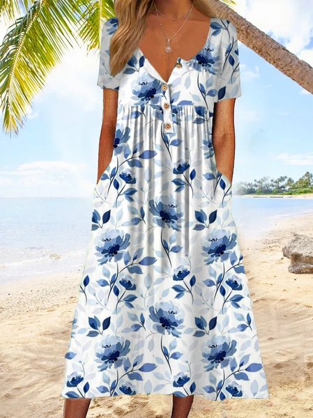 

Crew Neck Loose Floral Vacation Dress With No, Blue, Dresses
