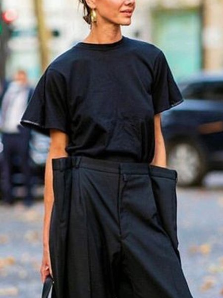 

Loose Plain Crew Neck Casual T-Shirt, Black, Tees