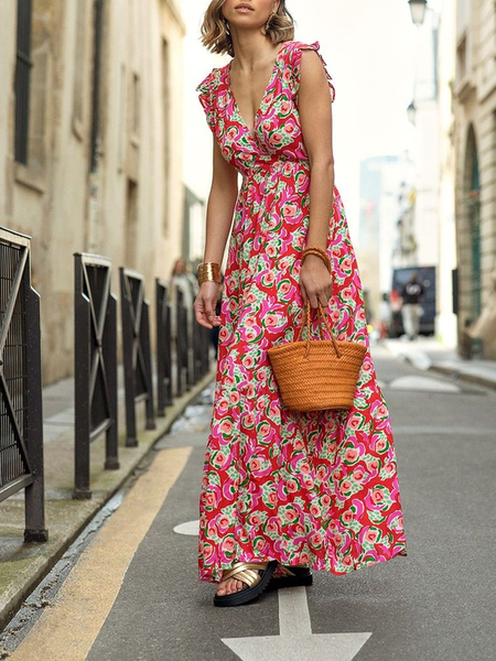 

Women Floral V Neck Sleeveless Comfy Vacation Maxi Dress, Flower, Maxi