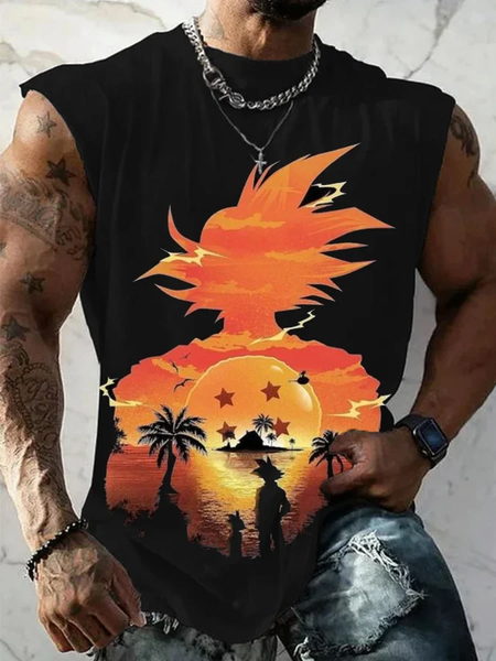

Men's Fashion Print Color Block Loose Casual Tank Top, Black, Tank Tops