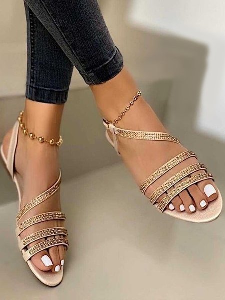 

Casual Plain Slip On Flat Heel Slide Sandals, Golden, Women shoes