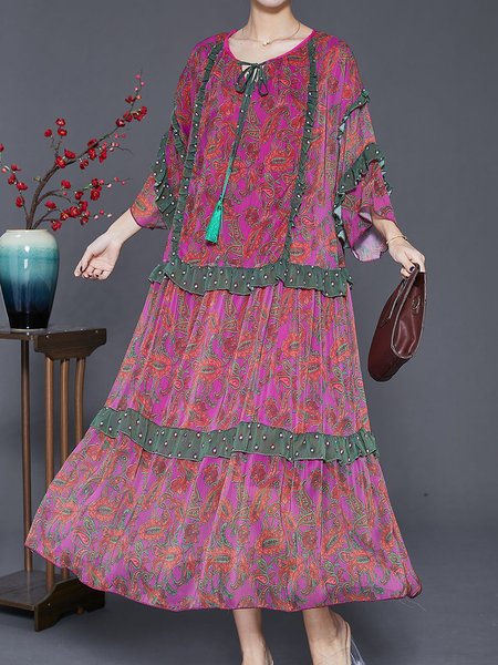 

Women Floral Crew Neck Half Sleeve Comfy Vacation Maxi Dress, Red, Maxi