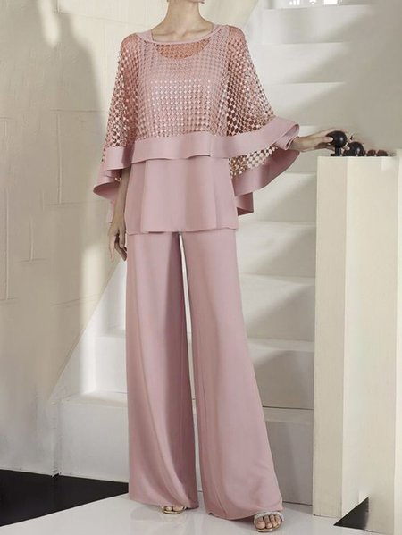 

Elegant Loose Crew Neck Matching Outfit, Pink, Suit Set