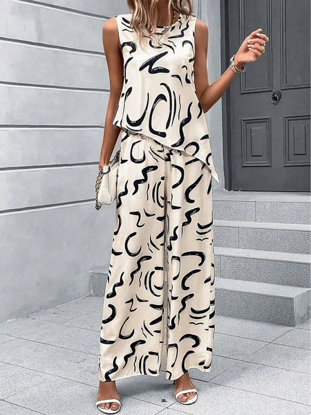 

Women's Abstract Graphic Daily Going Out Two Piece Set Sleeveless Simple Summer Top With Pants Matching Set, Off white, Suit Set