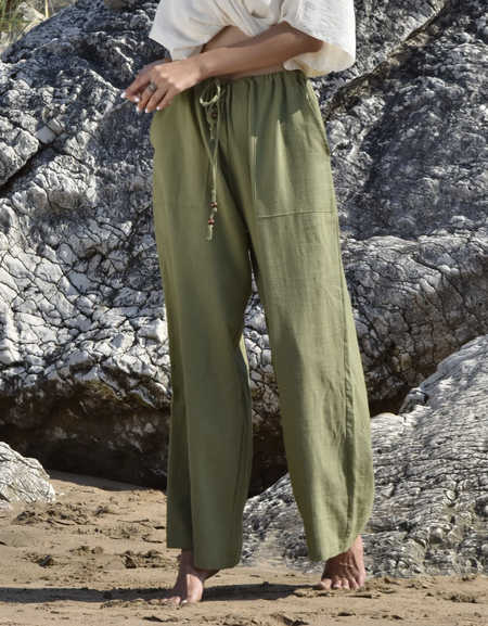 

Simple Plain Loose Linen Style Pants, Green, Pants