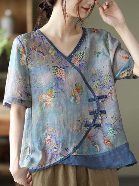 

V Neck Short Sleeve Floral Regular Regular Fit Shirt For Women, Blue, Blouses