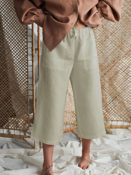 

Loose Casual Plain Linen Style Pants, Khaki, Pants