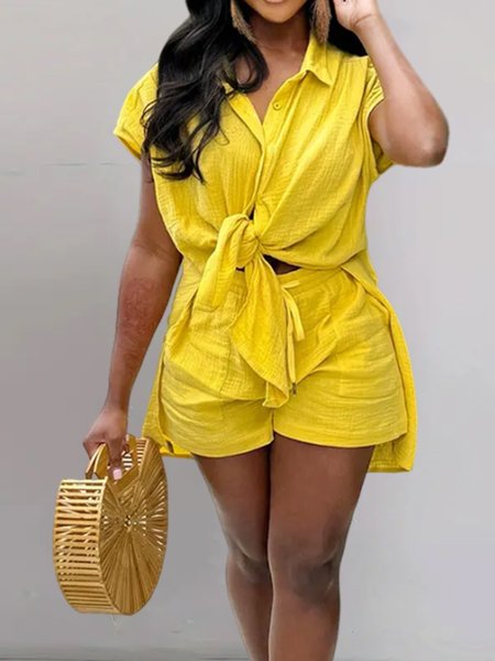 

Pocket Stitching Cotton Plain Casual Two-Piece Set, Yellow, Two-piece Set