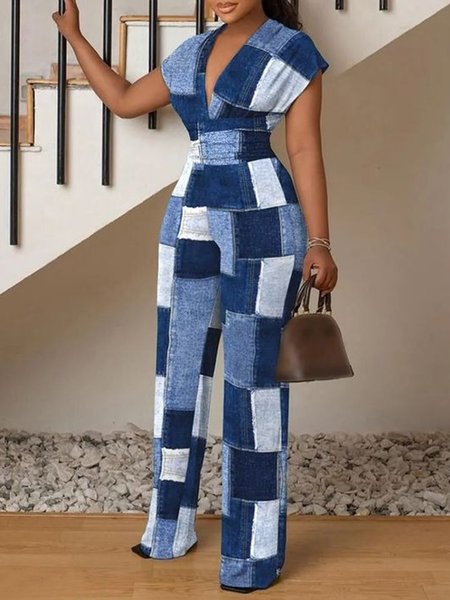 

V Neck Plaid Urban Regular Fit Faux Denim Jumpsuit, Blue, Jumpsuits