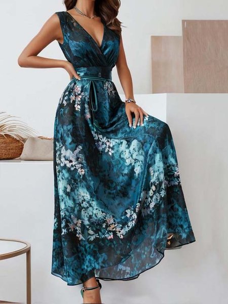 

Elegant Floral Regular Fit Chiffon Dress With No, Cyan, Dresses