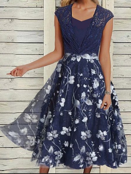 

Floral Regular Fit Elegant V Neck Dress With No, Dark blue, Dresses