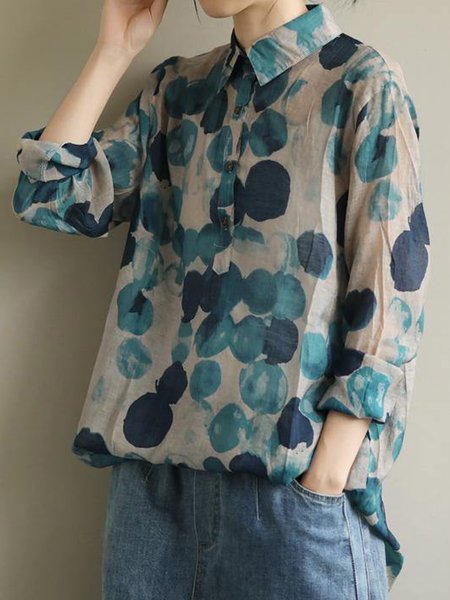 

Shirt Collar Long Sleeve Floral Regular Loose Shirt For Women, Blue, Blouses
