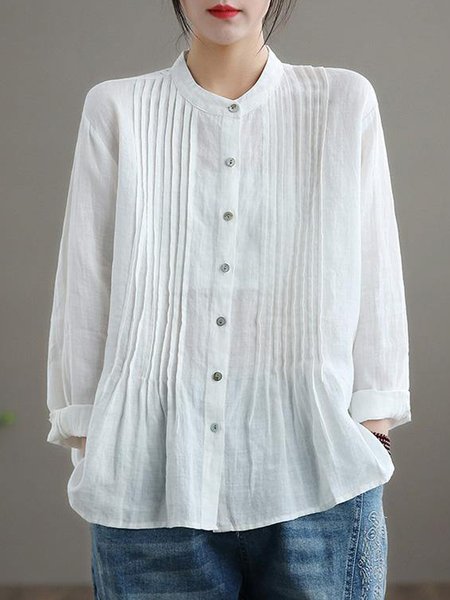 

Crew Neck Long Sleeve Plain Regular Loose Blouse For Women, White, Blouses