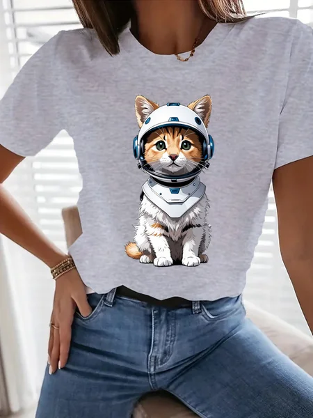 

Casual Cat Crew Neck Loose T-Shirt, Gray, T-Shirts