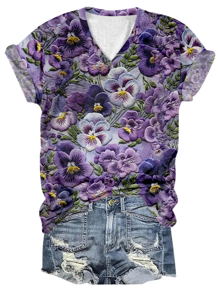 

Crew Neck Casual Flower 3D Printing T-Shirt, Purple, T-shirts