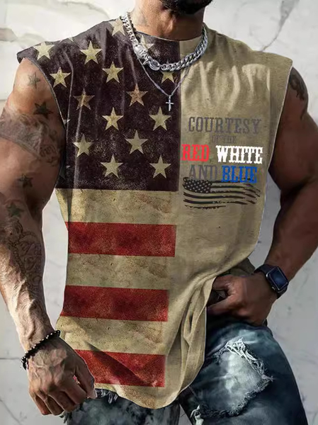 

Men's Courtesy Of The Red White And Blue Printed Crew Neck Loose Casual Tank Top, Khaki, Tank Tops