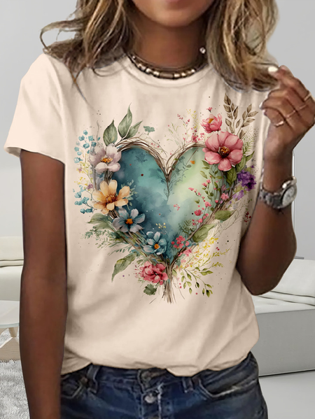 

Casual Floral Crew Neck T-Shirt, Apricot, T-shirts