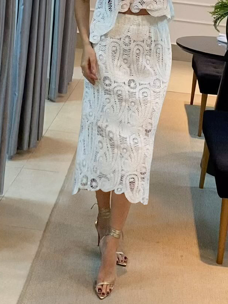 

Regular Fit Plain Vacation Midi Skirt, Off white, Skirts