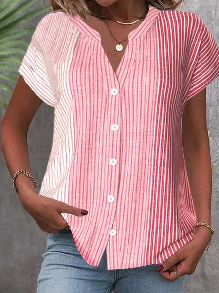 

Loose Casual Striped V Neck Shirt, Pink, Shirts & Blouses