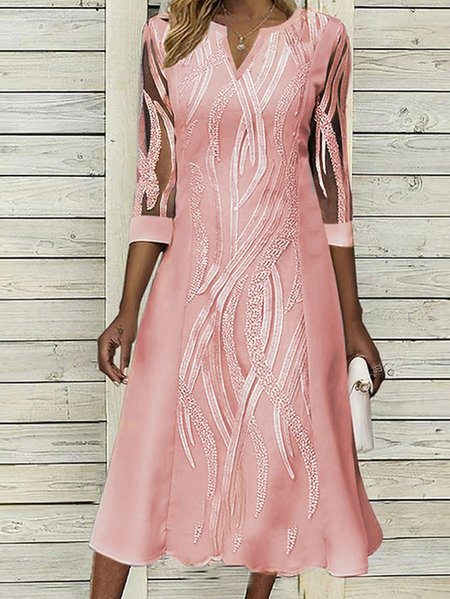 

Women Lace Notched Neck Half Sleeve Formal Elegant Midi Dress Wedding Guest Dress, Pink, Formal Dresses