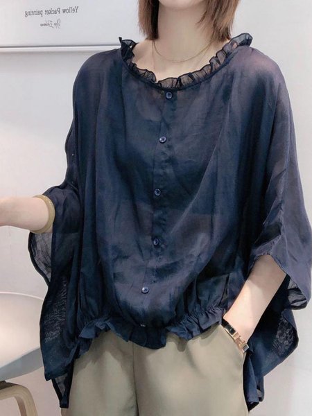 

Crew Neck Half Sleeve Plain Regular Loose Shirt For Women, Blue, Blouses