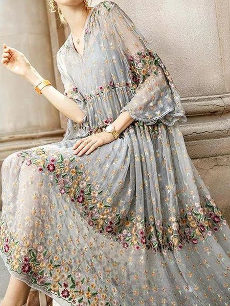 

Women Floral V Neck Half Sleeve Comfy Casual Lace Maxi Dress, Flower, Maxi